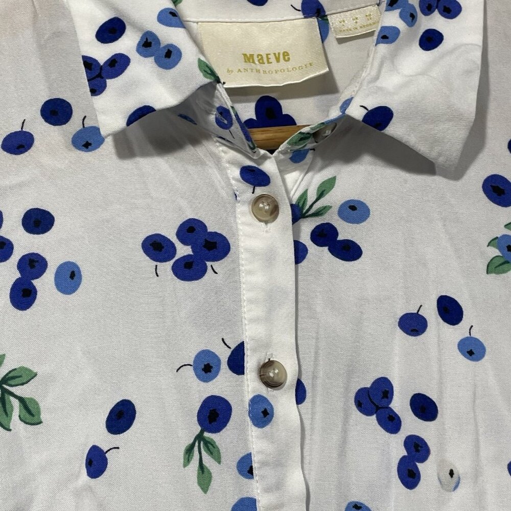 Anthropologie MAEVE Blithe Button Up Shirt Blueberry Print Tie Sleeves Sz 4 - Picture 5 of 10